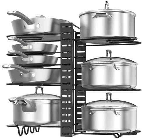 COSHANO Soporte de Sartenes y Ollas, Estante Organizador de 8 compartimiento Ajustable, con 2 formas de Almacenar Tapas de Ollas, Platos, cacerolas, sartenes 48x38x20.5cm