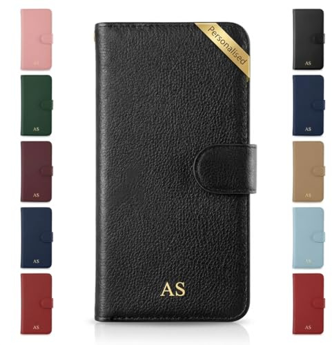 Tirita Personalised Wallet Phone Case Compatible with iPhone 17 Case, iPhone 16, 15, 15, 13, 12, 12 Pro, 11, SE, 8, 7 - Gold Embossed Initials on Vegan Leather