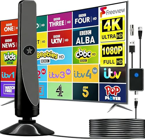 Indoor TV Aerial 500+ Miles – TV Antenna with Signal Booster for Weak Signal Areas UK, No Monthly Fees, 360° Omnidirectional Digital TV Aerial for Smart TV & Older TVs, No Monthly Bills, 4K HD（Black）