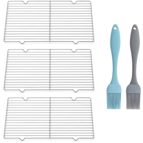 3PCS Cooling Rack Set with 2 Silicone Brushes, 30x21cm, Steel | Stainless steel wire racks with raised feet and silicone basting brushes for baking, grilling, cooling and draining