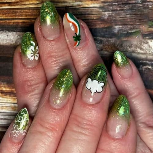 Lot de 24 faux ongles brillants avec motif trèfle à quatre feuilles en vert pour des styles festifs et des paillettes porte-bonheur et des trèfles arc-en-ciel pour célébrations