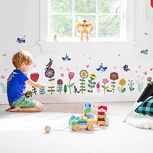 WandSticker4U®- Wandtattoo Kinderzimmer BLUMEN bunt groß (193x95 cm) I Wandsticker Kinderzimmer Blumen Wiese Wilde Blumen Frühling I Wandaufkleber Kinderzimmer Deko Mädchen Junge Möbelsticker XXL