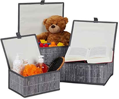 Relaxdays Aufbewahrungskorb 3er Set, mit Deckel & Stoffeinsatz, Bambus, Bad, Spielzeug, Aufbewahrungsbox, 3 Größen, grau