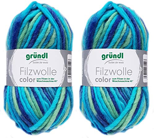 2x50 Gramm Gründl Filzwolle inkl. Anleitung für Topflappen (Color Farben, 38 Türkis Grün Blau)