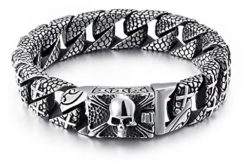 UNIQAL | Königsarmband Edelstahl Panzerkette mit Schädel HALL OF VALHALLA Mens Skull Gliederkette Fahrradkette mit Totenkopf | Motorradkette Bracelet | Gratis Geschenk Box