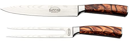Rockingham Forge Sunrise Collection Carving Knife and Fork Set, Premium Stainless Steel with Resin Handles, Amber