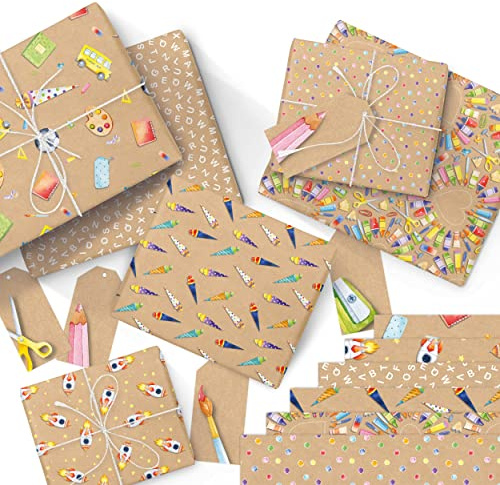 Papierdrachen 6 Bögen Geschenkpapier zur Einschulung - 60x40 cm bedruckt - verschiedene Designs hochwertig auf 100g/m² Papier - Kraftpapier - Verpackung zum Schulstart - Set 1