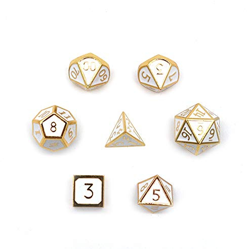 Fasizi Set di 7 dadi poliedrici in metallo con custodia nera, per giochi di ruolo, Dungeons and Dragons, D&D, insegnamento matematico (bianco)