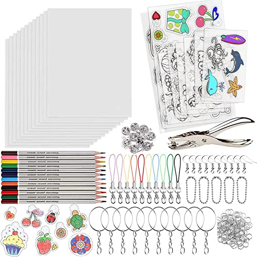 VEGCOO 198 Stück schrumpffolie Set, Schrumpffolie Basteln Einschließlich Schrumpffolien, Buntstifte, Schlüsselbundzubehör, schlüsselanhänger, Locher, Perlenschnur, für DIY halloween