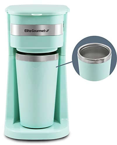 Elite Gourmet, Macchinetta per caffè EHC113M compatta, monodose, 414 ml, con tazza termica da viaggio con interno in acciaio inox, compatibile con caffè macinato, filtro riutilizzabile, verde menta