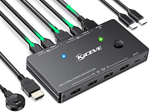 USB-C KVM Switch, KCEVE KVM Typ-C Umschalter Unterstützt 4K @ 60Hz für 1 Typ-C- und 1 HDMI Computer, die Tastatur, Maus und Monitor teilen, unterstützt 87 W PD-Schnellladung