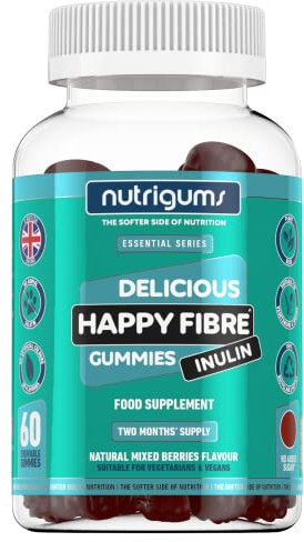 Happy Fibre (Inulin) Chicory Root Prebiotic Gummy | 3.8g Fibre | Mixed Berry Flavour | 60 Vegan Gummies | Gut Health and Digestive System Support by NUTRIGUMS®