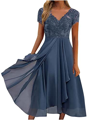 Kleid Damen Elegant Spitze Patchwork Chiffon V-Ausschnitt A-Linie Kleider Kurzarm Hohe Taille Abendkleid Lang Partykleid Sexy Ballkleid für Frauen Schöne Cocktailkleid Festlich Kleid