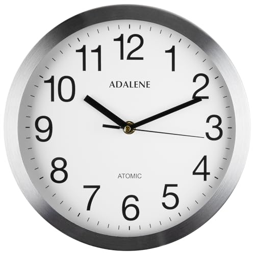 Adalene Modern Atomic Wall Clock Decorative - Automatically Sets Itself - Vintage Metal 10 Inch Large Wall Clocks Battery Operated for Office, Bedroom, Bathroom, Living Room Decor, Kitchen, Outdoor