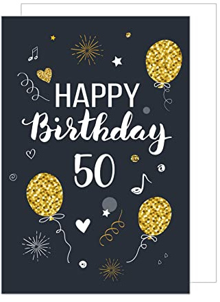 Edition Seidel Premium XXL Maxi gratulationskort till 50-årsdagen Födelsedag med kuvertformat DIN A4. Födelsedagskort gratulationskort Grattis på födelsedagen man kvinna ballonger guld (A4-GZ346-50)