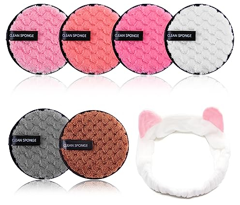 6 unidades de algodón desmaquillante lavable, disco desmaquillante reutilizable, almohadillas desmaquillantes lavables, con diadema para el cabello, para lavado de la cara, cuidado de la piel