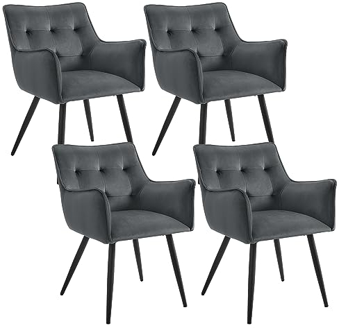 WOLTU Esszimmerstühle 4er-Set, Sessel, Küchenstuhl, Polsterstuhl, Stuhl mit Armlehnen Rückenlehne, Wohnzimmerstuhl mit Samtbezug, Metallbeine, für Esszimmer Küche,Dunkelgrau, BH374dgr-4