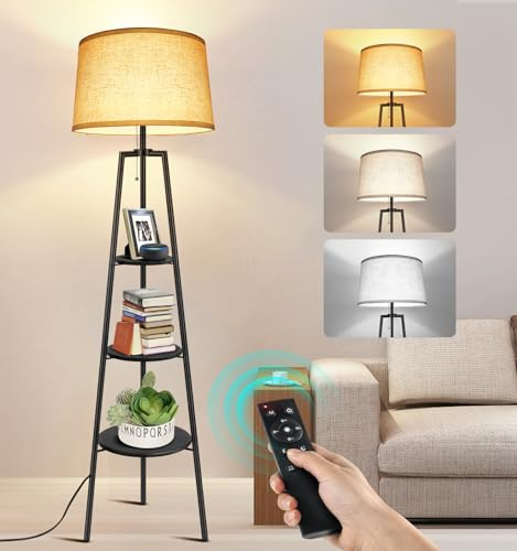OUTON Lámpara de Pie Trípode con 3 Estante, Lampara de Pie con Control Remoto, 4 Temperaturas de Color, Temporizador y Memoria, Lamparas de Pie para Salon, Dormitorios, Oficinas, Negro