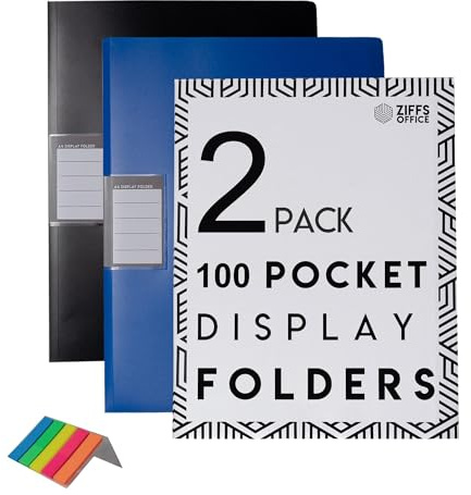 Ziffs Office 2 x 100 Pocket A4 Display Folders - Presentation Book With Plastic Pockets - 250 Sticky Labels Included - Project Folder - British Brand