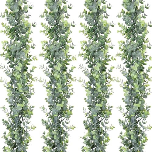 Weldomcor 4pcs Artificial Eucalyptus Garland Vines 24Ft Realistic Faux Eucalyptus Leaves Hanging Plant Greenery Vines Garland for Indoor Outdoor Wedding Party Backdrop Wall Table Mantel Decor (4PCS)