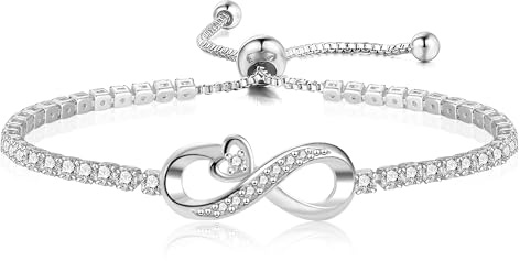 ASH'S CHOICE Bracelet for Women, Silver Tennis Bracelets Infinity Love Heart Bracelets, Slider Adjustable Bracelet Sparkle Crystal Rhinestone Diamond Zircon Bracelet for Women Ladies Mothers