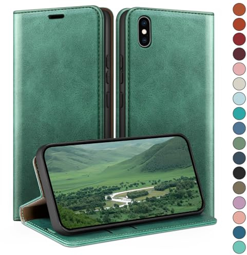 HUOUH Coque pour iPhone X/XS 5,8 avec RFID Blocage Etui à Rabat en Cuir de Premium,Fentes pour Cartes,Case à Rabat,Coques de Cover pour Apple X/XS Portefeuille Vert Clair