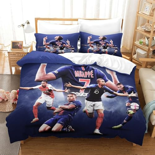 tanzhenning Kylian Mbappé Parure De Lit 3D,Microfibre Housse De Couette Et Taies d'oreiller,Fermeture Éclair,3 Pièces Ensemble De Literie Housses De Couettes Single（140x200cm）
