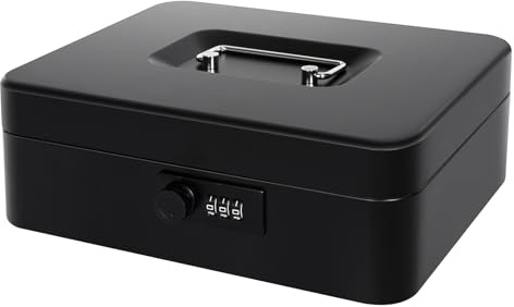 Geldkassette mit Geldablage und Zahlenschloss - Metall Spardose für Bargeld, Petty Cash Lock Box für Geldtresor 25,0 cm x 20,0 cm x 9,0 cm Schwarz