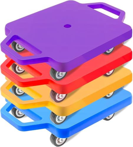 4 Pack Kids Sitting Scooter Boards with Handles, Gym Floor Scooters | Casters Floor Sitting Scooter Board with 360° Swivel Rubber Casters for PE, School and Indoor Outdoor Activities