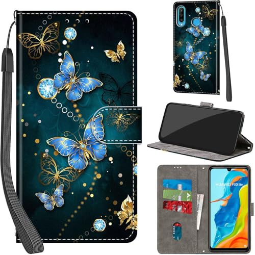 Handyhülle für Huawei P30 Lite Leder Wallet Tasche Schmetterling | 3 Kartenfächer & 1 Geldfach, Magnetverschluss, Ständerfunktion, robuste premium PU leder klapphülle für Huawei P30 Lite