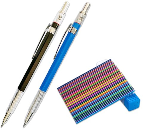 Portamine 2mm con Temperamine Integrato Matita Meccanica con Impugnatura Zigrinata Ideale per Disegno Matita Portamine per Schizzi Accurati Confezione da 1 Nero e 1 Blu Include 36 Mine Colorate