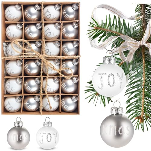 BRUBAKER 24-teiliges Set Weihnachtskugeln Joy & Xmas - 3 cm Baumschmuck | Mini Christbaumkugeln - Handbemalter Christbaumschmuck für Weihnachtsbaum - Bruchsicher - Silber und Weiß