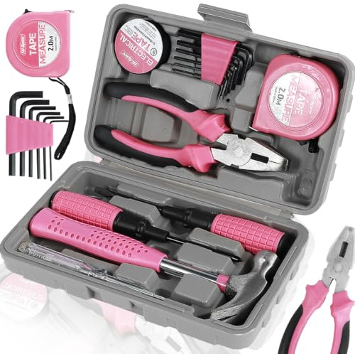 13 Pcs Home Repair Tool Kit General Household Hand Toolbox Set with Storage Case DIY Tools Hammer and Allen Key Set with Electrical Tape Screwdriver Test Pen Plier Bits for Men Women & Beginner