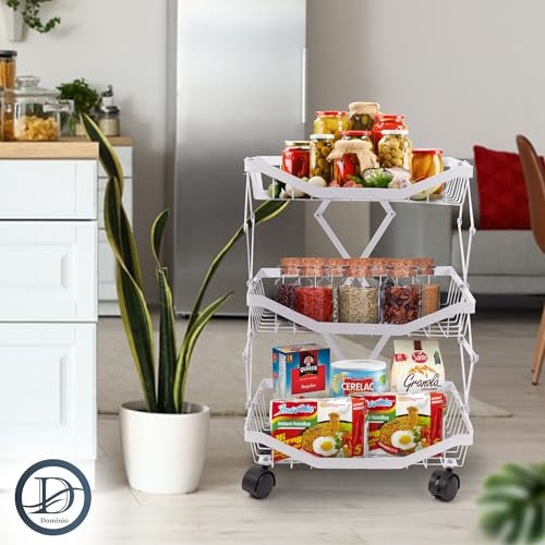 Carrello portaoggetti pieghevole in metallo a 3 livelli con ruote (53x38x27 cm) - Carrello mobile con cestini in metallo - Organizzatore salvaspazio per cucina, dispensa, bagno