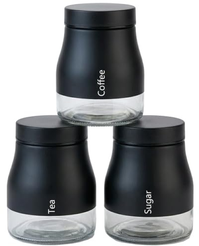 ATEK 3Pcs Tea Coffee Sugar Canisters Black, Glass Kitchen Canisters Tea and Sugar Storage canisters set Jars Pots Containers with Screw Lid Food Multipurpose Class Coffee Jars