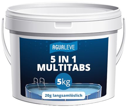 AGUALEVE® 5 in 1 Chlor Multitabs 20g langsamlöslich 5kg *NEU* | für Pools jeder Art ab 2500 Liter Wasser | Desinfektion, Algenschutz, Flockung, pH-Stabilisierung & Klareffekt | Made in Germany