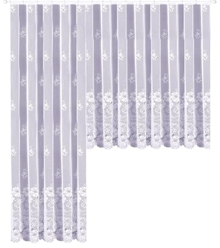 heimtexland Gardine Store weiß Jacquard halbtransparent Blumen Bordüre gebogt Kräuselband Vorhang Typ318 Kurzstore HxB 90 x 300 cm für Fensterbreite 90-130 cm
