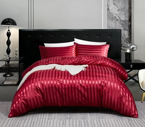 Gezu Satin Bettwäsche 155x220cm Weinrot Rot Glänzend Silky Satin Gestreift Sommer Bettwäsche Set Glänzend Luxus Uni Seide Reissverschluss Bettbezug Set mit Gestreift Muster und Kissenbezüge 80x80cm