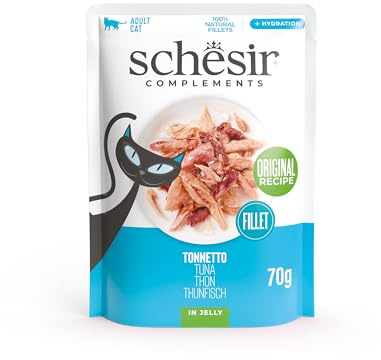 Schesir, Filetes de Atún en Gelatina, Comida Húmeda Complementaria para Gatos, en Bolsas, Receta Original, 100% Natural, 12 x 70g