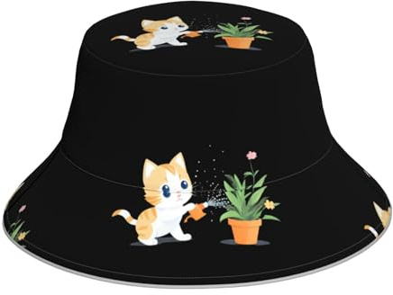 WHJDPP Kitten Planting Flowers Prints Reflective Bucket Hat Fashionable and Functional for Unisex Outdoor Activities Black, Black, One Size