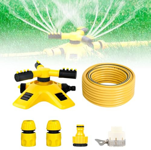 Irrigatore d'Acqua per Giardino e Prato 360° [2025] - Sistema Automatico Rotante con 3 Bracci Regolabili, Copertura XXL per Giardini e Prati, Risparmio Idrico 70% + 4 Connettori+Un tubo in PVC da 10 m
