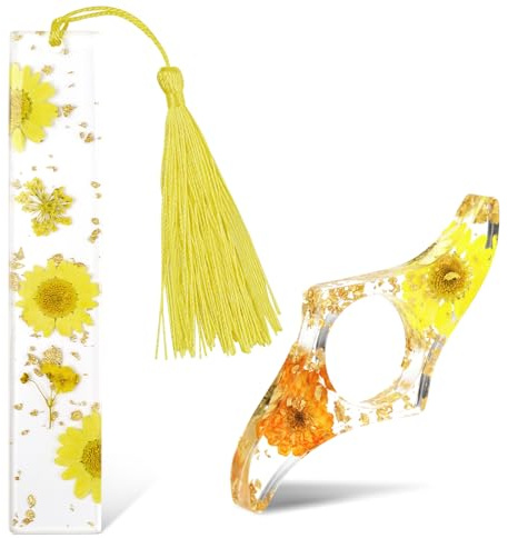2 Pcs Transparent Dried Flower Bookmark, Resin Bookmarks with Tassel and Thumb Book Page Holder, Cute Bookmarks with Gold Sprinkles, Gift for Women, Bookworm, Readers, Friends (Yellow)