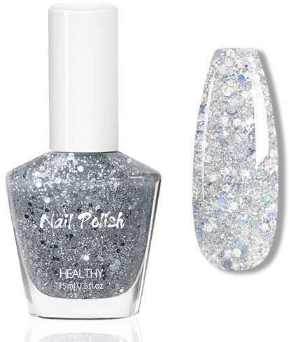 Silber Nagellack - 15ML Glossy Schnelltrocknend & Langanhaltend ungiftiger Silver Nail Polish, Glänzender Natürlicher Effekt, Ohne UV Lampe, Glitzer Nagellack für DIY Maniküre zu Hause (Silber, 15g)