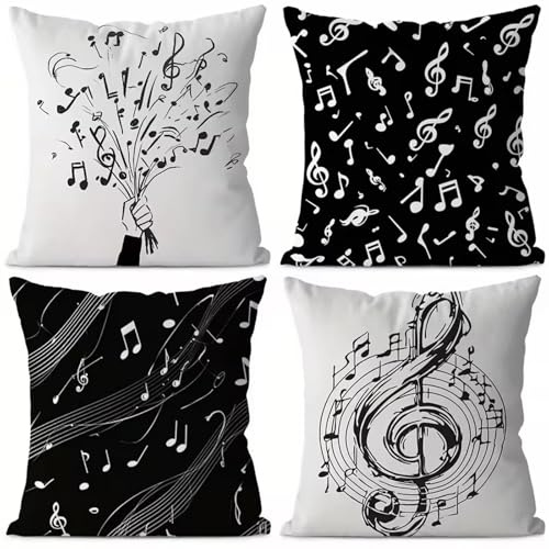 QiHon 4er Set Kissenbezüge 65x65 cm Schwarz Weiß Outdoor Leinen Dekorative Kissenhülle Musik Zierkissenbezüge Modern Quadratische Sofakissen Kissenbezug für Sofa Wohnzimmer Zuhause Dekoration