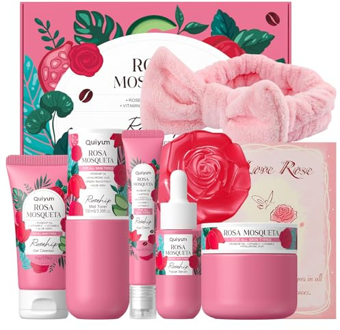 QUIYUM Coffret Set Soin Visage à la Rose Musquée, Kit Hydratant 7 Pièces pour Femmes avec Gel Nettoyant, Tonique, Sérum, Crème Contour des Yeux, Crème Hydratante, Savon Visage et Bandeau pour Cheveux
