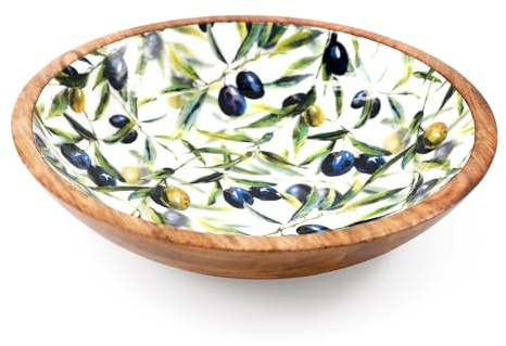 Carousel Home Olive Enamelled Wooden Bowl | Large Mango Wood Serving Dish with Olive Pattern | Mediterranean Salad or Fruit Bowl for Kitchen - 30cm