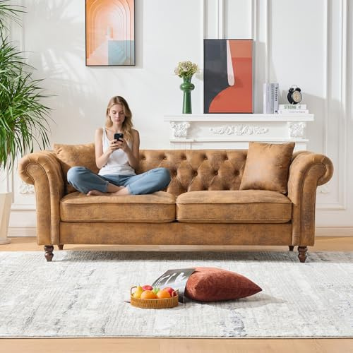 83 Mid Century Modern Couch, Luxury Faux Leather Chesterfield Sofa Comfy Upholstered Deep Seat 3 Seater Sofa Furniture w/ Roll Armrest & Tufted Button for Living Room, Office, Sofa Para Sala, Brown