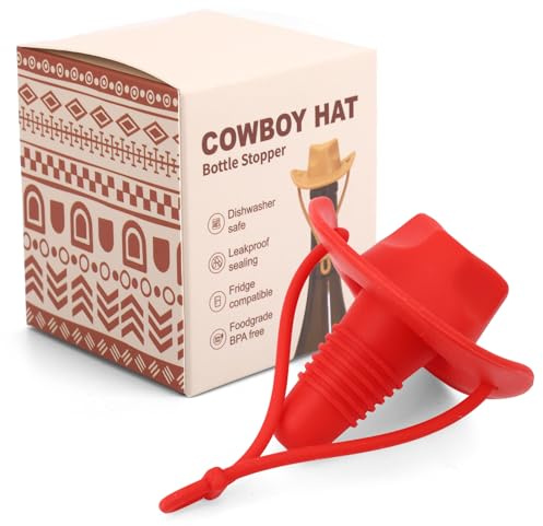Cowboy Hat Wine Bottle Stopper, Funny Silicone Wine Plug Decorative Topper Champagne Cork Cover Cap Mother & Father Gifts to Seal and Keep Wines Fresh (Red)