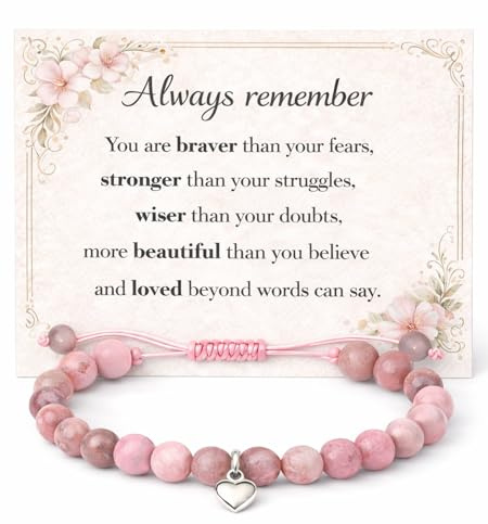 Natural Stone Healing Crystal Bracelets, Adjustable Stretch Pink Zebra Bracelet Crystal Jewelry Yoga Meditation Relax Gifts Friendship Birthday BFF for Women Teen Girls with Encourage Quote Card