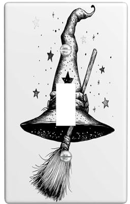 Halloween Witch Magic Broom Decorative Light Switch Cover Wall Plate 1 Gang Single Toggle, Gothic Black Witchy Hat Electrical Switchplate, Goth Cool Electrical Faceplate for Bedroom Room